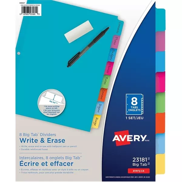 Avery Big Tab™ Write & Erase Dividers 8 tabs, 1 set (AVE23181)